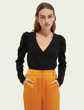 Load image into Gallery viewer, Black Cotton-blend wrap top