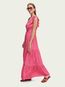 V-neck open back maxi dress- hot pink
