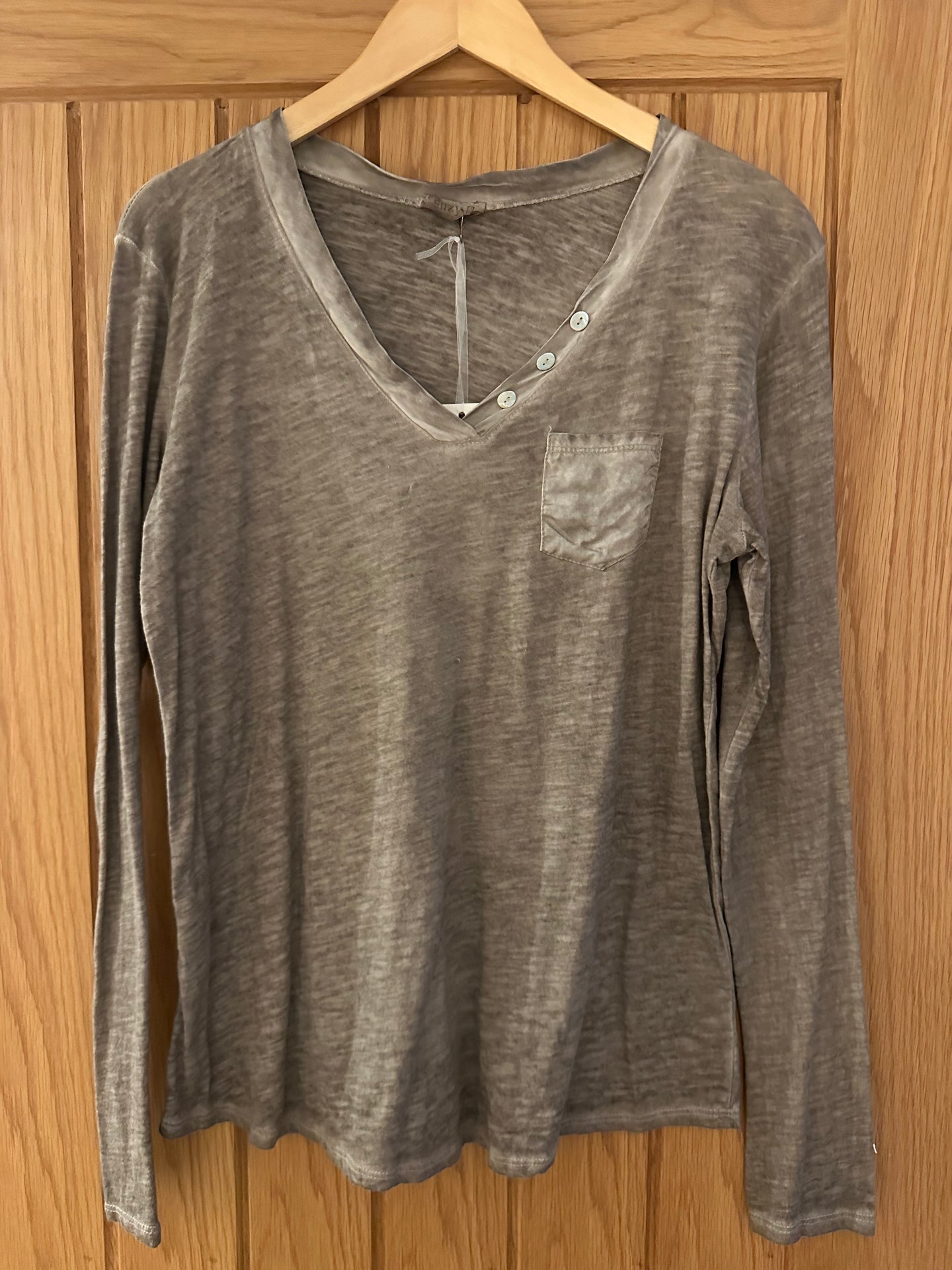 Pocket Long Sleeve Top with Button Detail - Taupe