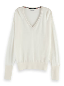 100% Merino wool long sleeve V-neck sweater - Cream