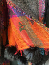 Load image into Gallery viewer, Multicoloured Large Rectangular Star Scarf with Faux Fur Pom Poms