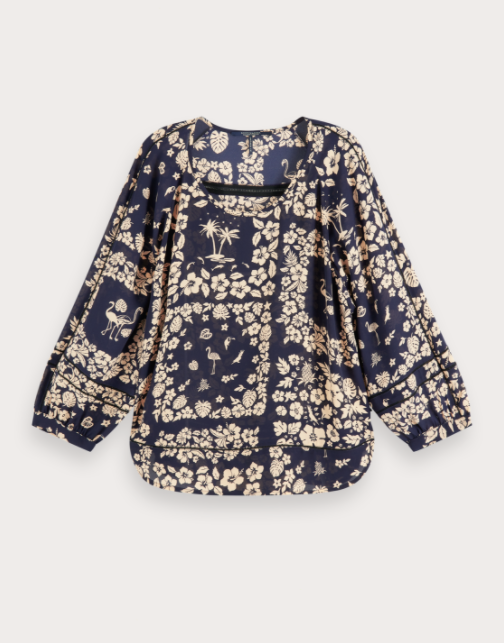 Navy Loose Floral Print Top