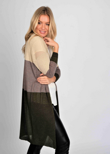 Colour Block Lurex Long Cardi - Beige - Rust - Olive - One Size