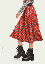 Load image into Gallery viewer, Red satin printed pleated midi skirt