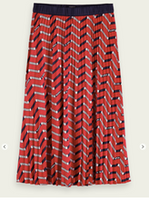 Load image into Gallery viewer, Red satin printed pleated midi skirt