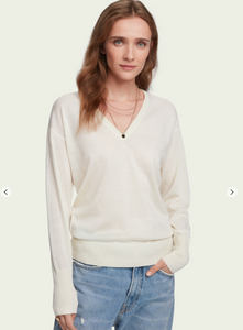 100% Merino wool long sleeve V-neck sweater - Cream