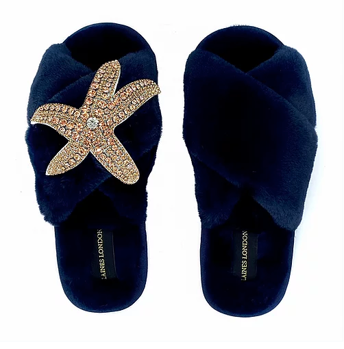 Navy Fluffy Slippers Rose Gold Starfish Brooch