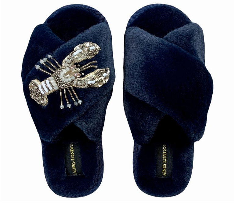 Navy Fluffy Slippers Crystal White Lobster Brooch