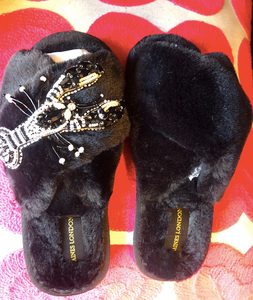 Black Fluffy Mollie Monochrome Slippers - Size 3-4