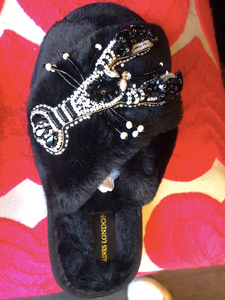 Black Fluffy Mollie Monochrome Slippers - Size 3-4