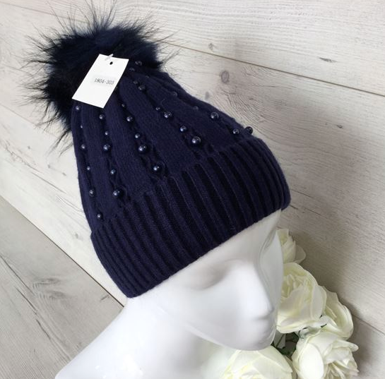 Beaded Cashmere Blend Pom Pom Hat - Navy