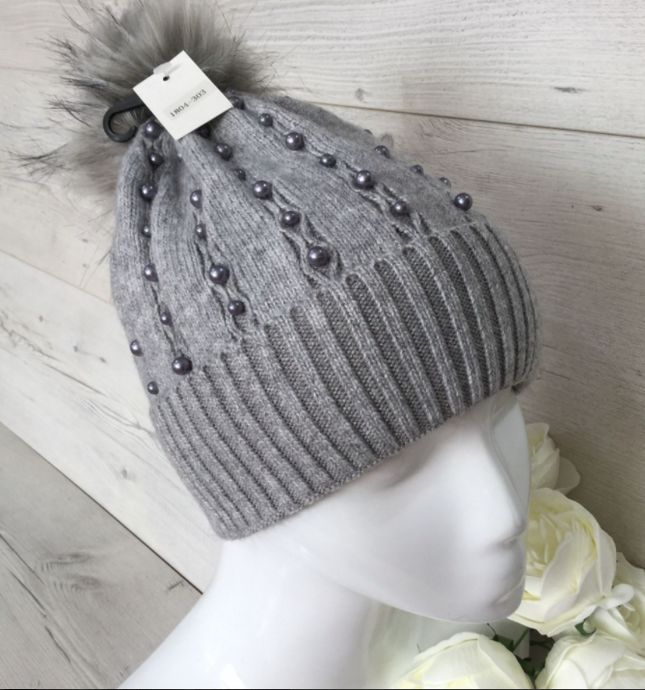 Beaded Cashmere Blend Pom Pom Hat - Light Grey