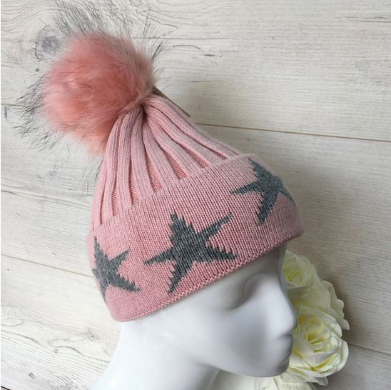 Pink Star Cashmere Mix Pom Pom Hat