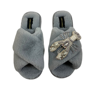 Grey Fluffy Slippers White Pearl & Crystal Lobster Brooch