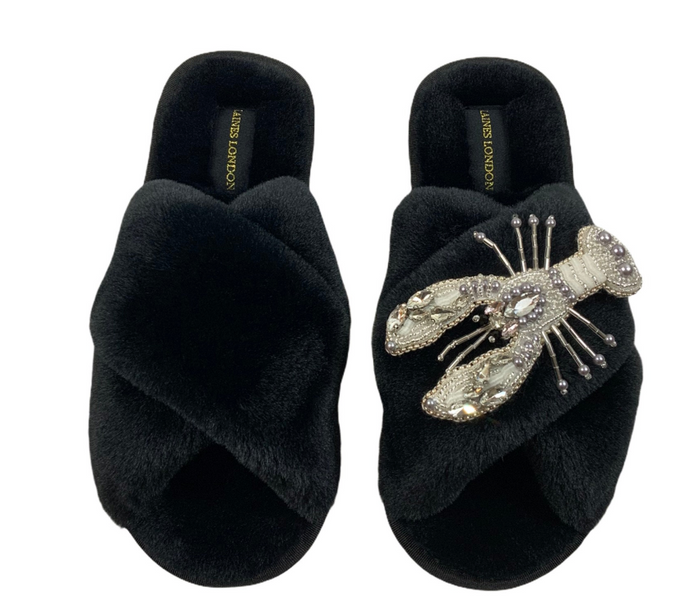 Black Fluffy Slippers White Pearl & Crystal Lobster Brooch - LAST PAIR SIZE 3-4