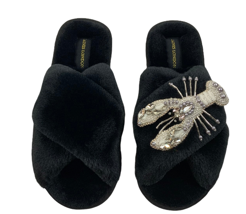 Black Fluffy Slippers White Pearl & Crystal Lobster Brooch