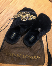Load image into Gallery viewer, Black Gold Snake Diamante Slippers