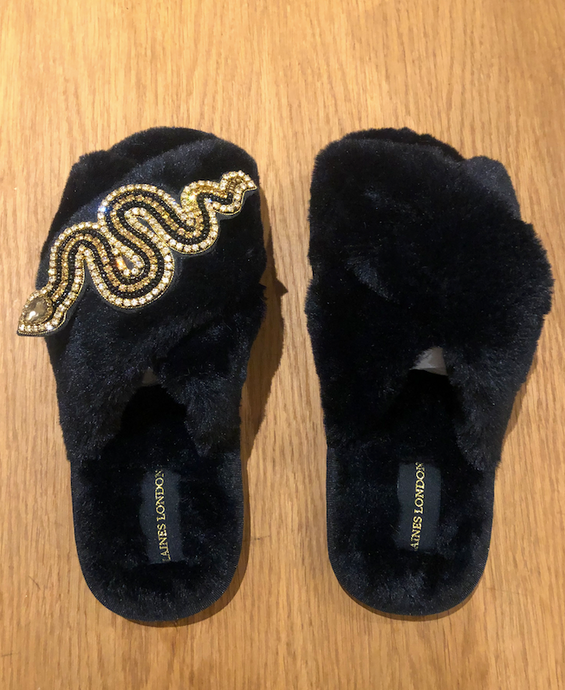 Black Gold Snake Diamante Slippers