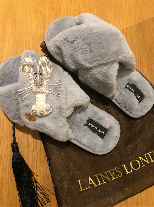 Grey Fluffy Slippers White Pearl & Crystal Lobster Brooch - LAST PAIR Size 3-4