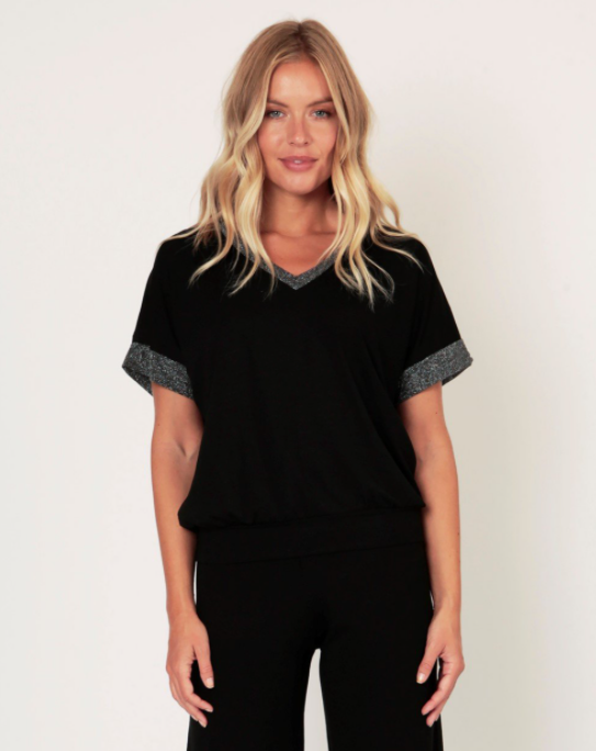 All Black Donna Jersey Tee with Black Lurex Trim - LAST ONE - L/14