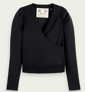 Black Cotton-blend wrap top
