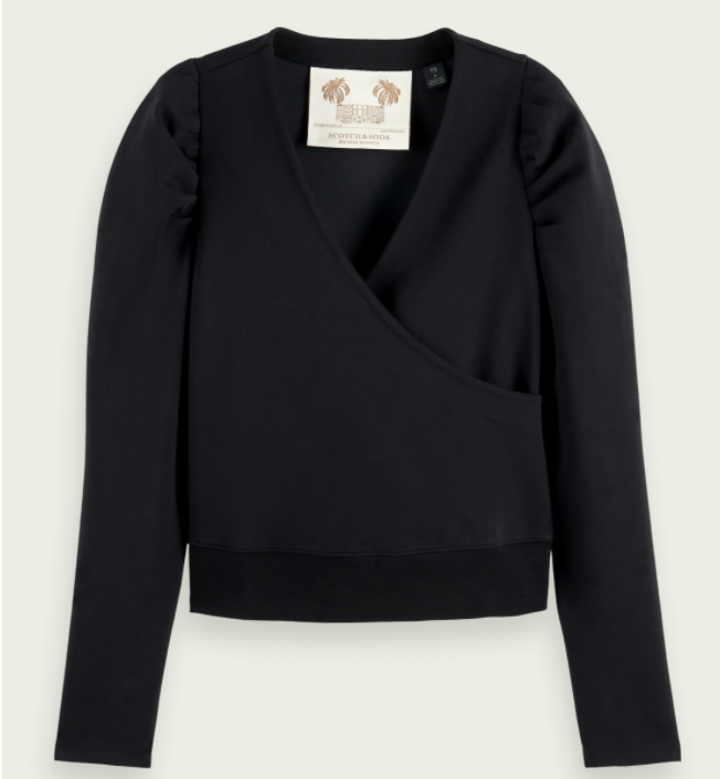 Black Cotton-blend wrap top