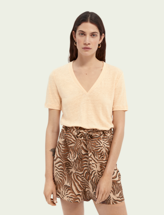 Peach Linen V-neck Tee