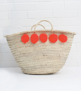 Moroccan Pom Pom Basket - Orange