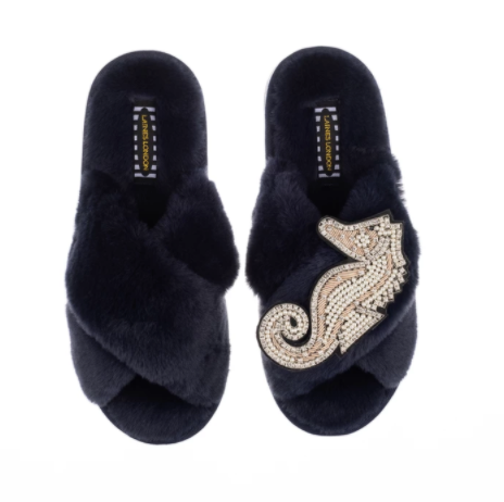 Deluxe Pink Seahorse on Navy Classic Slippers