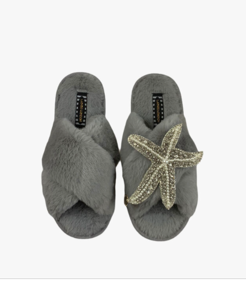 Grey Pearl & Crystal Starfish Slippers