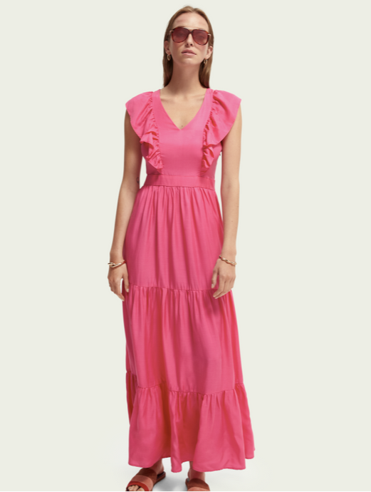 V-neck open back maxi dress- hot pink