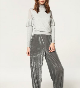 Turtleneck Jumper with Sheer Shoulders & Ruffles - Light Grey