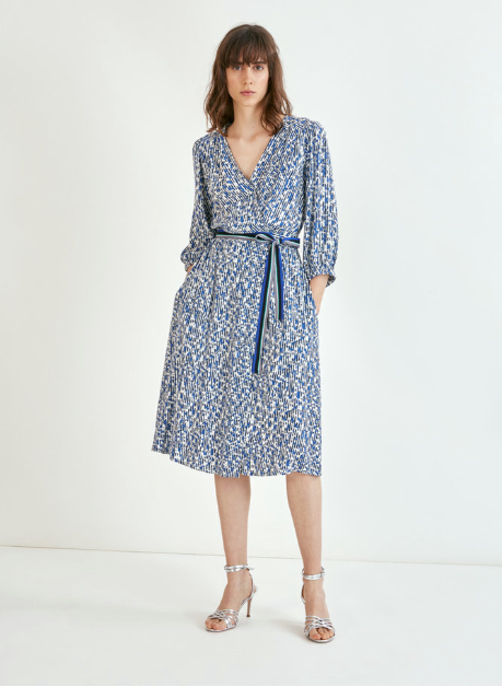 Midi printed blue striped wrap dress
