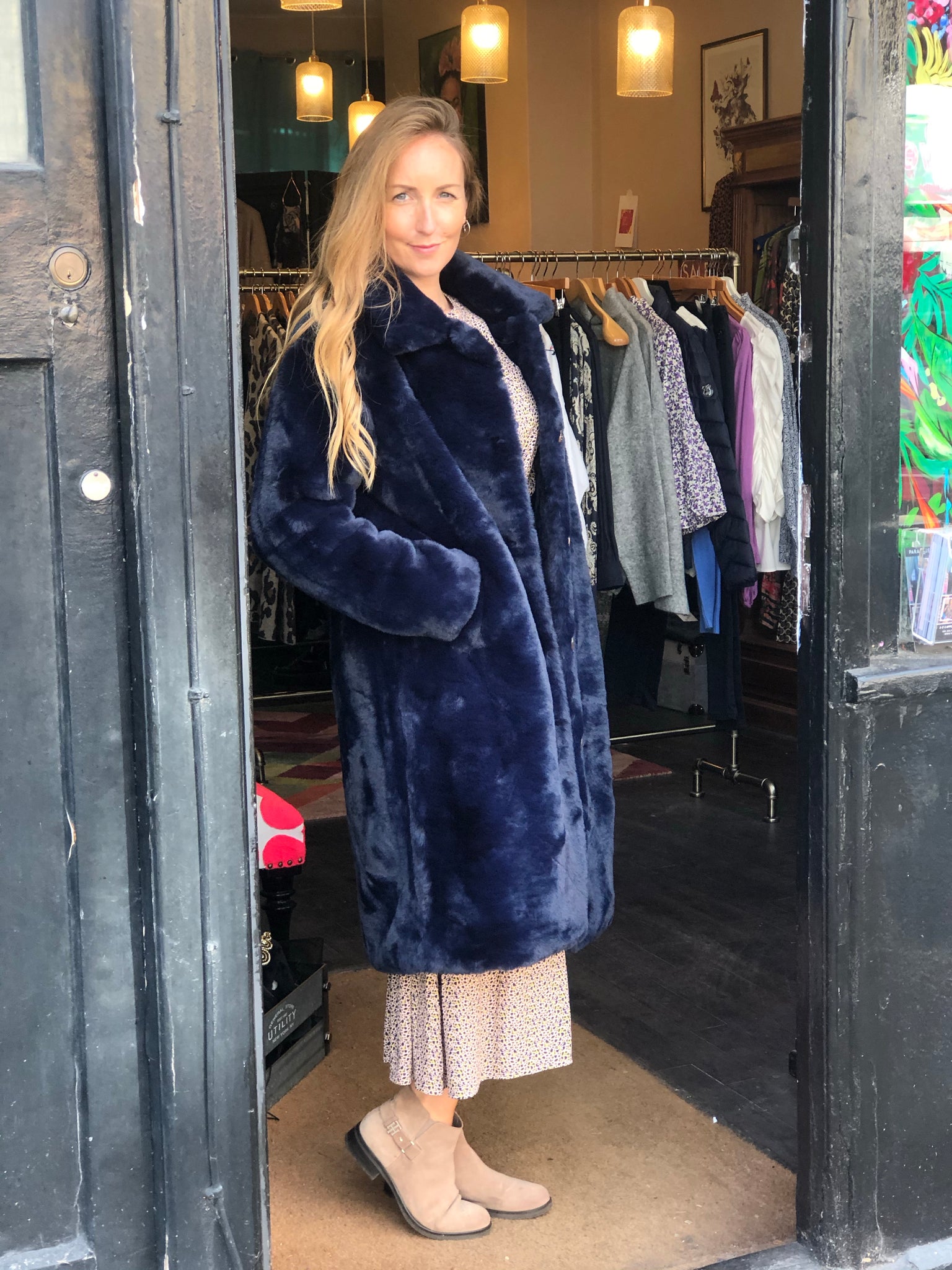 Faux fur navy blue jacket shop