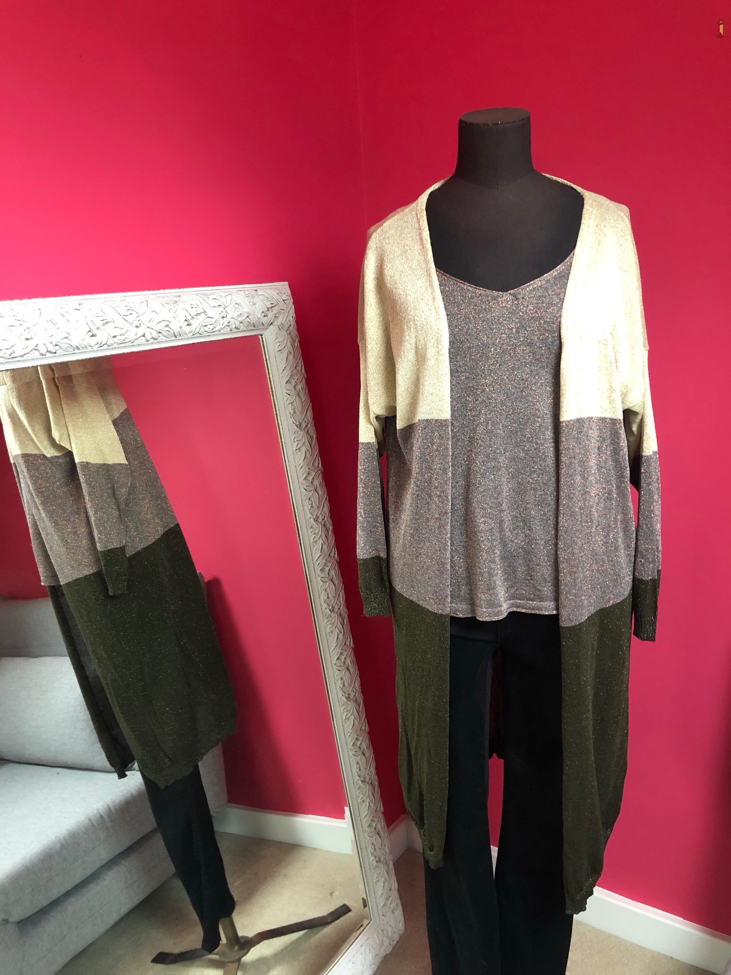 Colour Block Lurex Long Cardi - Beige - Rust - Olive - One Size