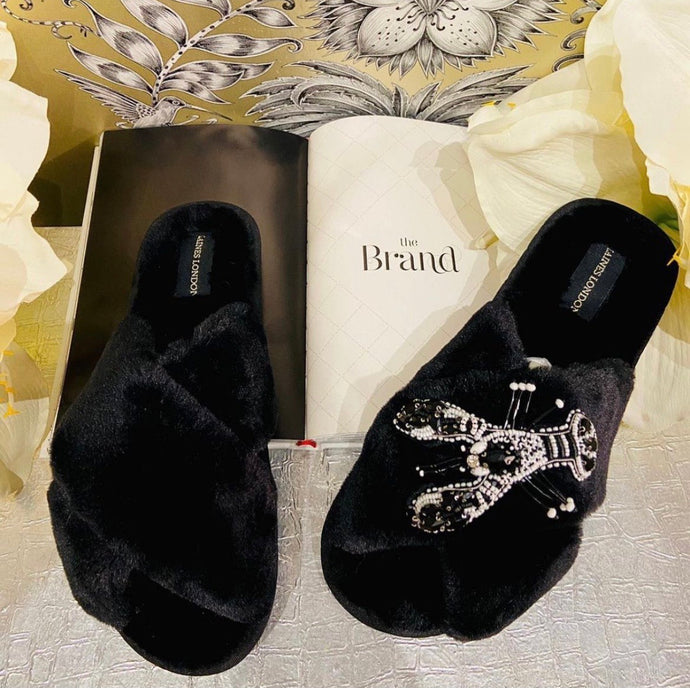 Black Fluffy Mollie Monochrome Slippers - Size 3-4 only